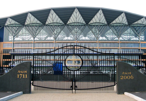 Ascot racecourse new grandstand with gold leaf gilded Queens gate