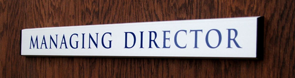 Anodised silver door nameplate with royal blue lettering